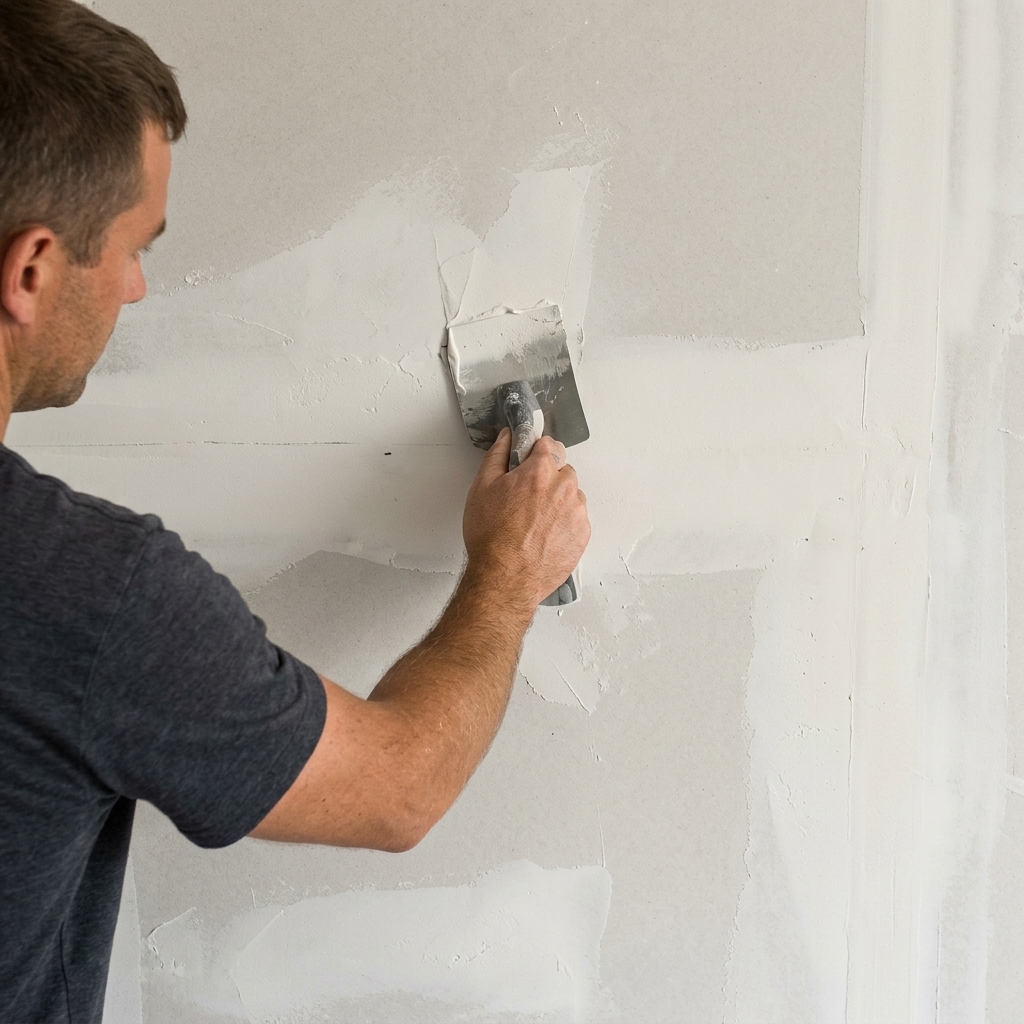 Plasterer applying joint compound to drywall joint
