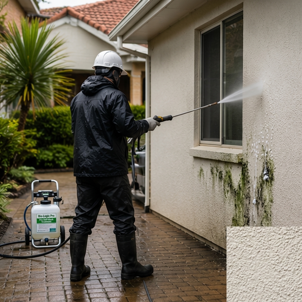 Stucco wall soft wash mold treatment