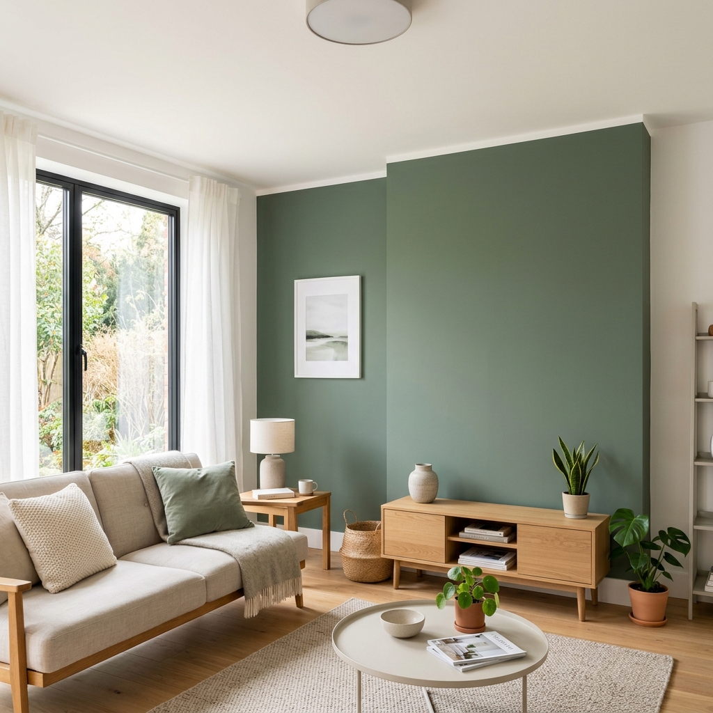 Freshly painted sage green accent wall